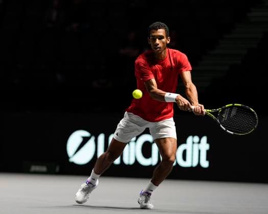 12th September 2024; AO Arena, Manchester, England; Davis Cup Finals, Group Stage, Group D Day 3; Felix Auger-Aliassime of Canada plays a forehand shot  ActionPlus12691656 StevenxFlynn