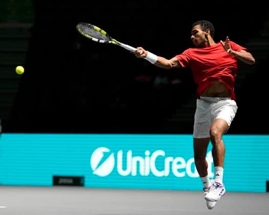 12th September 2024; AO Arena, Manchester, England; Davis Cup Finals, Group Stage, Group D Day 3; Felix Auger-Aliassime of Canada plays a forehand shot  ActionPlus12691658 StevenxFlynn