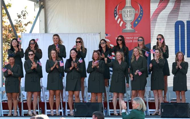 GAINESVILLE, VA - SEPTEMBER 12: Team USA reacts during the Opening Ceremony for the 2024 Solheim Cup on September 12th, 2024, at the Robert Trent Jones Golf Club in Gainesville, Virginia. (Photo by Brian Spurlock Icon Sportswire) GOLF: SEP 12 Solheim Cup Opening Ceremony EDITORIAL USE ONLY Icon2409122