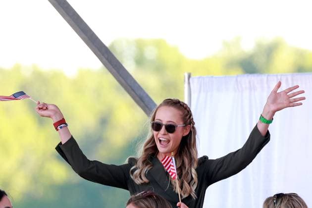 GAINESVILLE, VA - SEPTEMBER 12: Team USA golfer Nelly Korda reacts during the Opening Ceremony for the 2024 Solheim Cup on September 12th, 2024, at the Robert Trent Jones Golf Club in Gainesville, Virginia. (Photo by Brian Spurlock Icon Sportswire) GOLF: SEP 12 Solheim Cup Opening Ceremony EDITORIAL USE ONLY Icon2409123
