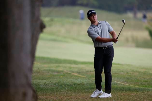 FRANKLIN, TN - SEPTEMBER 12: Isaiah Salinda hits from under a tree on No. 16 during the first round of the Simmons Bank Open, September 12, 2024, at Vanderbilt Legends Club in Franklin, Tennessee. (Photo by Matthew Maxey Icon Sportswire) GOLF: SEP 12 Korn Ferry Tour - Simmons Bank Open EDITORIAL USE ONLY Icon240912043