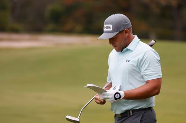 FRANKLIN, TN - SEPTEMBER 12: Daniel Summerhays consults his yardage book as he walks down the No. 8 fairway during the first round of the Simmons Bank Open, September 12, 2024, at Vanderbilt Legends Club in Franklin, Tennessee. (Photo by Matthew Maxey Icon Sportswire) GOLF: SEP 12 Korn Ferry Tour - Simmons Bank Open EDITORIAL USE ONLY Icon240912067