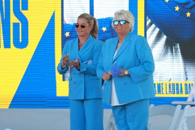GAINESVILLE, VA - SEPTEMBER 12: From left to right Team Europe captain Suzann Pettersen and Laura Davies stand on stage during the Opening Ceremony for the 2024 Solheim Cup on September 12th, 2024, at the Robert Trent Jones Golf Club in Gainesville, Virginia. (Photo by Brian Spurlock Icon Sportswire) GOLF: SEP 12 Solheim Cup Opening Ceremony EDITORIAL USE ONLY Icon24091217