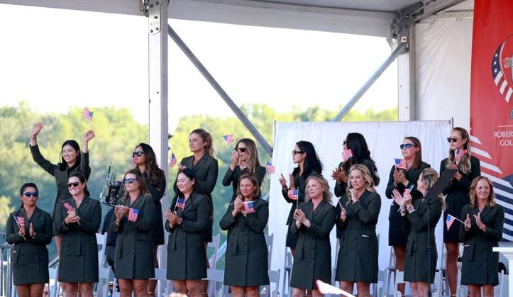 GAINESVILLE, VA - SEPTEMBER 12: Team USA reacts during the Opening Ceremony for the 2024 Solheim Cup on September 12th, 2024, at the Robert Trent Jones Golf Club in Gainesville, Virginia. (Photo by Brian Spurlock Icon Sportswire) GOLF: SEP 12 Solheim Cup Opening Ceremony EDITORIAL USE ONLY Icon24091227
