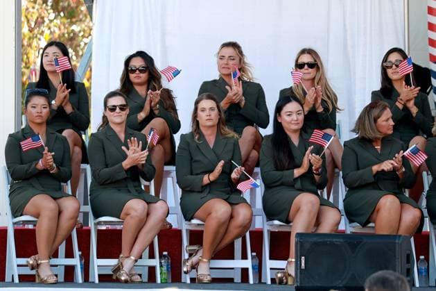 GAINESVILLE, VA - SEPTEMBER 12: Team USA reacts during the Opening Ceremony for the 2024 Solheim Cup on September 12th, 2024, at the Robert Trent Jones Golf Club in Gainesville, Virginia. (Photo by Brian Spurlock Icon Sportswire) GOLF: SEP 12 Solheim Cup Opening Ceremony EDITORIAL USE ONLY Icon24091229