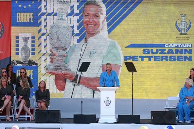 GAINESVILLE, VA - SEPTEMBER 12: Team Europe captain Suzann Pettersen speaks during the Opening Ceremony for the 2024 Solheim Cup on September 12th, 2024, at the Robert Trent Jones Golf Club in Gainesville, Virginia. (Photo by Brian Spurlock Icon Sportswire) GOLF: SEP 12 Solheim Cup Opening Ceremony EDITORIAL USE ONLY Icon24091231