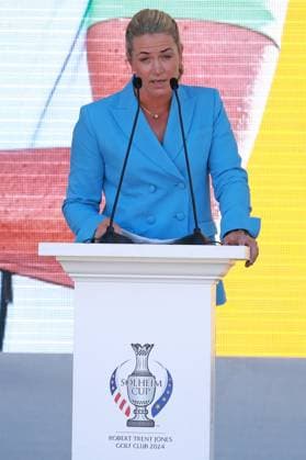 GAINESVILLE, VA - SEPTEMBER 12: Team Europe captain Suzann Pettersen speaks during the Opening Ceremony for the 2024 Solheim Cup on September 12th, 2024, at the Robert Trent Jones Golf Club in Gainesville, Virginia. (Photo by Brian Spurlock Icon Sportswire) GOLF: SEP 12 Solheim Cup Opening Ceremony EDITORIAL USE ONLY Icon24091232