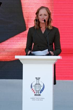 GAINESVILLE, VA - SEPTEMBER 12: Team USA captain Stacy Lewis speaks during the Opening Ceremony for the 2024 Solheim Cup on September 12th, 2024, at the Robert Trent Jones Golf Club in Gainesville, Virginia. (Photo by Brian Spurlock Icon Sportswire) GOLF: SEP 12 Solheim Cup Opening Ceremony EDITORIAL USE ONLY Icon24091234