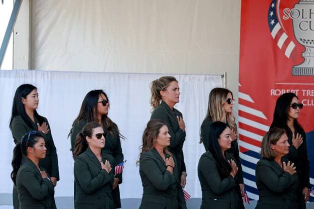 GAINESVILLE, VA - SEPTEMBER 12: Team USA stands at attention during the playing of the National Anthem during the Opening Ceremony for the 2024 Solheim Cup on September 12th, 2024, at the Robert Trent Jones Golf Club in Gainesville, Virginia. (Photo by Brian Spurlock Icon Sportswire) GOLF: SEP 12 Solheim Cup Opening Ceremony EDITORIAL USE ONLY Icon24091241