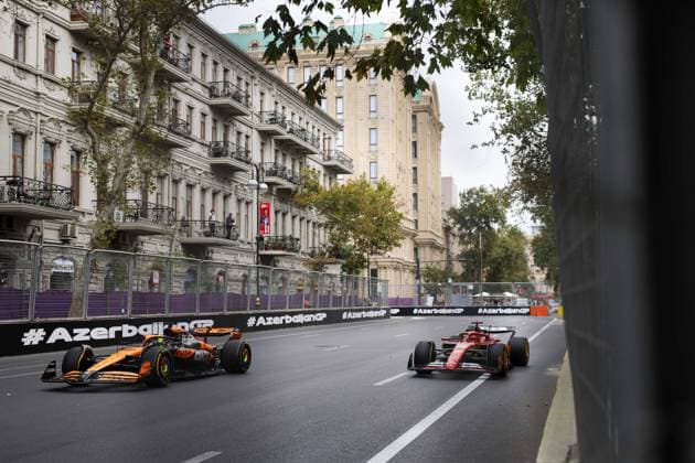 81 PIASTRI Oscar (aus), McLaren F1 Team MCL38, action, 16 LECLERC Charles (mco), Scuderia Ferrari SF-24, action during the Formula 1 Azerbaijan Grand Prix 2024, 17th round of the 2024 Formula One World Championship, WM, Weltmeisterschaft from September 13 to 15, 2024 on the Baku City Circuit, in Baku, Azerbaijan - F1 - AZERBAIJAN GRAND PRIX 2024 DPPI Panoramic  240913_R17_AZERBAIJAN_DP_FG0O5474
