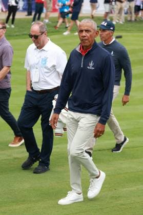 GAINESVILLE, VA - SEPTEMBER 13: Former United States president Barack Obama is at the first tee during the Friday Four Ball of the first round of the 2024 Solheim Cup on September 13, 2024, at Robert Trent Jones Golf Club at Gainesville, Virginia. (Photo by Brian Spurlock Icon Sportswire) GOLF: SEP 13 Solheim Cup EDITORIAL USE ONLY Icon24091320
