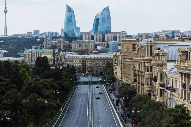 Baku City Circuit, Baku, Azerbaijan. 13.September.2024; Charles Leclerc, Sergio Perez and George Russel during Formula One Azerbaijan Grand Prix  (266422229)