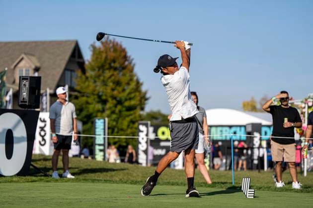BOLINGBROOK, IL - SEPTEMBER 13: Wildcard player Anthony Kim plays his shot from the tenth tee during day one of LIV Golf: Chicago at Bolingbrook Golf Club on September 13, 2024 in Bolingbrook, Illinois. (Photo by Ben Hsu Icon Sportswire) GOLF: SEP 13 LIV Golf League Chicago EDITORIAL USE ONLY Icon2242409130741