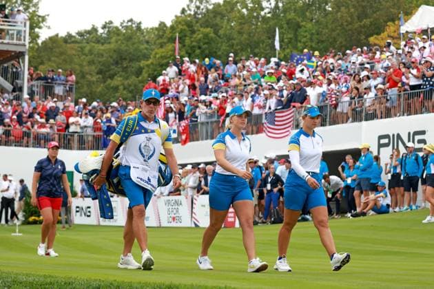 GAINESVILLE, VA - SEPTEMBER 13: Europe golfers Emily Pedersen and Maja Stark walk the first hole during the Friday Four-Ball of the first round of the 2024 Solheim Cup on September 13, 2024, at Robert Trent Jones Golf Club at Gainesville, Virginia. (Photo by Brian Spurlock Icon Sportswire) GOLF: SEP 13 Solheim Cup EDITORIAL USE ONLY Icon240913102
