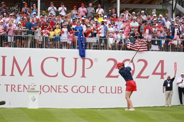 GAINESVILLE, VA - SEPTEMBER 13: USA golfer Sarah Schmelzel plays her tee shot on the first hole during the Friday Four-Ball of the first round of the 2024 Solheim Cup on September 13, 2024, at Robert Trent Jones Golf Club at Gainesville, Virginia. (Photo by Brian Spurlock Icon Sportswire) GOLF: SEP 13 Solheim Cup EDITORIAL USE ONLY Icon24091394