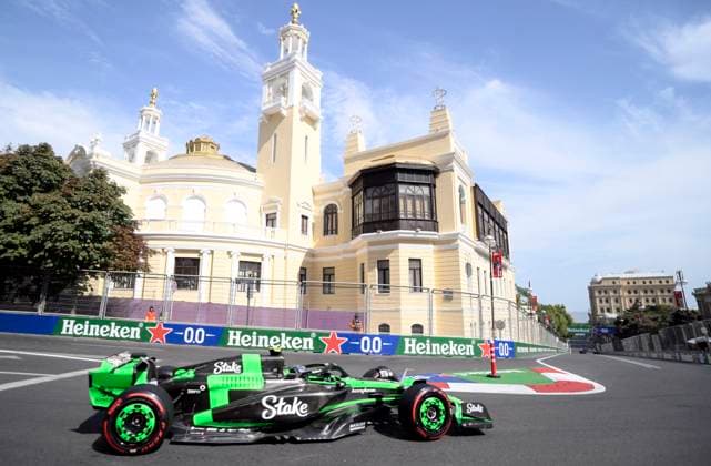 (240914) -- BAKU, Sept. 14, 2024 -- Kick Sauber s Chinese driver Zhou Guanyu steers his car during the practice session ahead of the Formula One Azerbaijan Grand Prix in Baku, Azerbaijan, Sept. 13, 2024. (Photo by Xinhua) (SP)AZERBAIJAN-BAKU-F1-AZERBAIJAN GRAND PRIX TofikxBabayev 