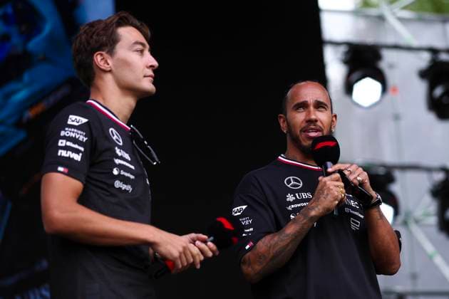 RUSSELL George (gbr), Mercedes AMG F1 Team W15, portrait and HAMILTON Lewis (gbr), Mercedes AMG F1 Team W15, portrait during the Formula 1 Azerbaijan Grand Prix 2024, 17th round of the 2024 Formula One World Championship, WM, Weltmeisterschaft from September 13 to 15, 2024 on the Baku City Circuit, in Baku, Azerbaijan - F1 - AZERBAIJAN GRAND PRIX 2024 DPPI Panoramic  240914_R17_AZERBAIJAN_DP_EA024273