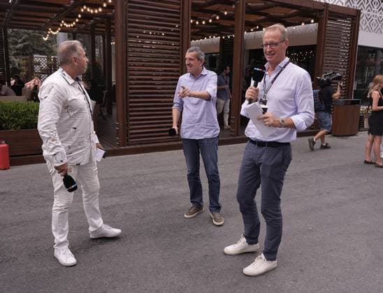 14 09 2024, Baku City Circuit , Baku, FORMULA 1 QATAR AIRWAYS AZERBAIJAN GRAND PRIX 2024 ,in the picture RTL Formula 1 Team in Baku presenter Kai Ebel, expert Günther Steiner, presenter Florian König Defodi 506 20240914 hbr 2964 Defodi-506
