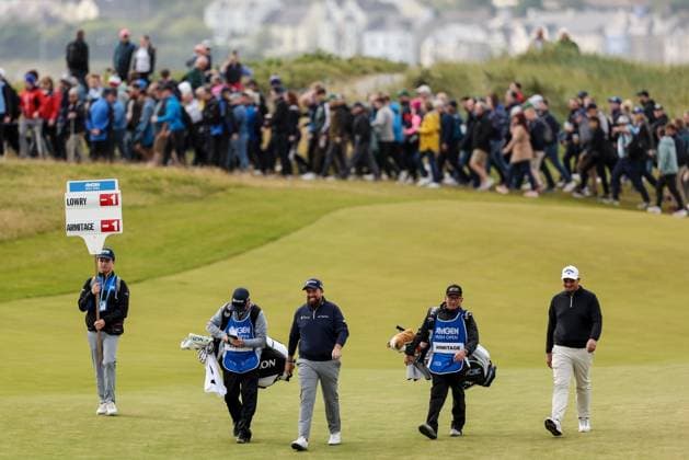 2024 Amgen Irish Open, Royal County Down, Newcastle, Northern Ireland 14 9 2024 Shane Lowry and Marcus Armitage walk up the 1st fairway Shane Lowry and Marcus Armitage walk up the 1st fairway 14 9 2024  Copyright: x INPHO BenxBradyx BB4_7829