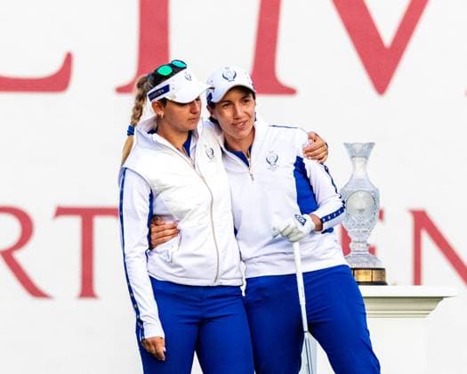 September 14, 2024, Gainesville, Va, USA: Team Europe s CARLOTA CIGANDA and EMILY PEDERSEN pose on the first tee of Day 2 of the 2024 Solheim Cup. Gainesville USA - ZUMAb237 20240914_znp_b237_006 Copyright: xRobertxBlakleyx