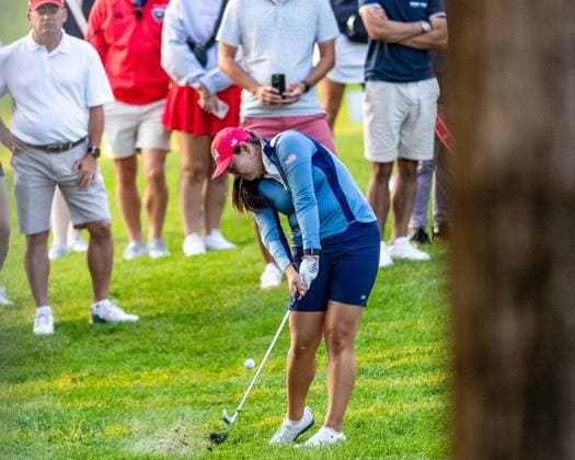 September 14, 2024, Gainesville, Va, USA: Team USA s ALLISEN CORPUZ hits out of the trees on the second hole during the morning foursome matches on day two of the 2024 Solheim Cup. Gainesville USA - ZUMAb237 20240914_znp_b237_014 Copyright: xRobertxBlakleyx