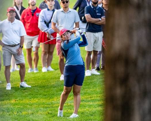 September 14, 2024, Gainesville, Va, USA: Team USA s ALLISEN CORPUZ hits out of the trees on the second hole during the morning foursome matches on day two of the 2024 Solheim Cup. Gainesville USA - ZUMAb237 20240914_znp_b237_015 Copyright: xRobertxBlakleyx