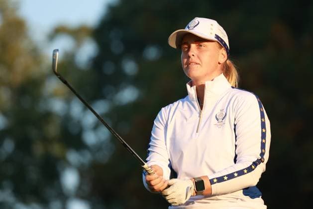 GAINESVILLE, VA - SEPTEMBER 14: Team Europe Maya Stark plays a shot on the first hole during Saturday Foursomes during the 2024 Solheim Cup on September 14, 2024 at Robert Trent Jones Golf Club at Gainesville, Virginia. (Photo by Brian Spurlock Icon Sportswire) GOLF: SEP 14 Solheim Cup EDITORIAL USE ONLY Icon2409141