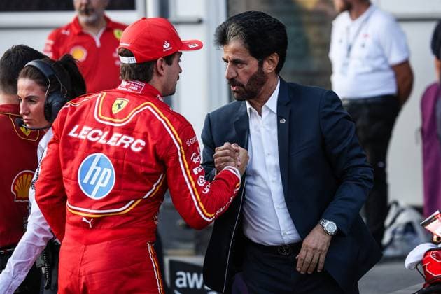 LECLERC Charles (mco), Scuderia Ferrari SF-24, portrait BEN SULAYEM Mohammed (uae), President of the FIA, portrait during the Formula 1 Azerbaijan Grand Prix 2024, 17th round of the 2024 Formula One World Championship, WM, Weltmeisterschaft from September 13 to 15, 2024 on the Baku City Circuit, in Baku, Azerbaijan - F1 - AZERBAIJAN GRAND PRIX 2024 DPPI Panoramic 240914_R17_AZERBAIJAN_XB3_6274