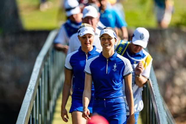 September 14, 2024, Gainesville, Va, USA: Team Europe s ESTHER HENSELEIT and CHARLEY HULL during the morning foursome matches on day two of the 2024 Solheim Cup. Gainesville USA - ZUMAb237 20240914_znp_b237_021 Copyright: xRobertxBlakleyx