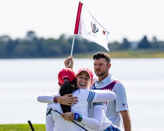 September 14, 2024, Gainesville, Va, USA: Team USA s NELLY KORDA and ALLISEN CORPUZ celebrate winning their morning match during day two of the 2024 Solheim Cup. Gainesville USA - ZUMAb237 20240914_znp_b237_034 Copyright: xRobertxBlakleyx