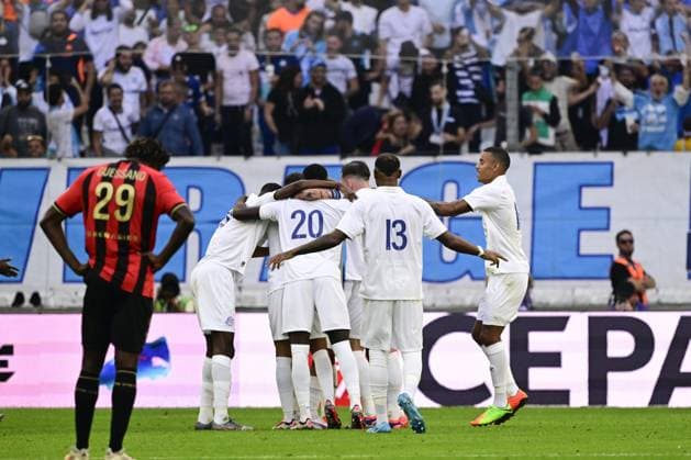 L Olympique de Marseille reçoit l OGC Nice dans le cadre de quatrième journée de Ligue 1 McDonald s à l Orange Vélodrome, le 14 septembre 2024. La joie des joueurs de l OM qui inscrivent le deuxième but de la rencontre FOOTBALL : Olympique de Marseille VS OGC Nice - Ligue 1 - 14 09 2024 WilliamCannarella Panoramic 