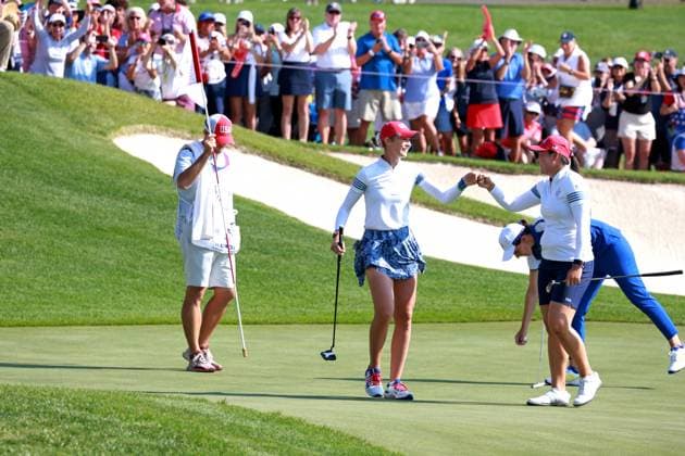 GAINESVILLE, VA - SEPTEMBER 14: Team USA golfers Nelly Korda and Allisen Corpuz react to winning the 14th hole during Saturday Foursomes during the 2024 Solheim Cup on September 14, 2024 at Robert Trent Jones Golf Club at Gainesville, Virginia. (Photo by Brian Spurlock Icon Sportswire) GOLF: SEP 14 Solheim Cup EDITORIAL USE ONLY Icon24091415