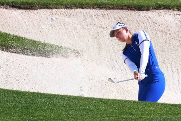 GAINESVILLE, VA - SEPTEMBER 14: Team Europe golfer Emily Pedersen hits out of a sand trap on the 15th hole during Saturday Foursomes during the 2024 Solheim Cup on September 14, 2024 at Robert Trent Jones Golf Club at Gainesville, Virginia. (Photo by Brian Spurlock Icon Sportswire) GOLF: SEP 14 Solheim Cup EDITORIAL USE ONLY Icon24091420