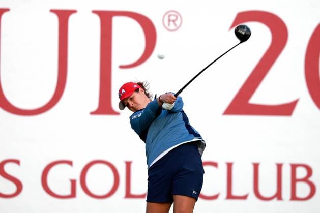 GAINESVILLE, VA - SEPTEMBER 14: Team USA golfer Ally Ewing plays her tee shot on the first hole during Saturday Foursomes during the 2024 Solheim Cup on September 14, 2024 at Robert Trent Jones Golf Club at Gainesville, Virginia. (Photo by Brian Spurlock Icon Sportswire) GOLF: SEP 14 Solheim Cup EDITORIAL USE ONLY Icon24091429