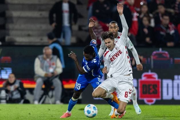 Soccer 2 Bundesliga 5 Matchday 1 FC Köln 1 FC Magdeburg on 14 09 2024 at RheinEnergieStadion in Cologne Lubambo Musonda Magdeburg , left Denis Huseinbasic Köln , right DFB regulations prohibit any use of photographs as image sequences and or quasi video xJRx