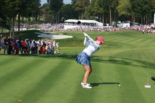 GAINESVILLE, VA - SEPTEMBER 14: Team USA golfer Jennifer Kupcho plays her tee shot on the 18th hole during Saturday Foursomes during the 2024 Solheim Cup on September 14, 2024 at Robert Trent Jones Golf Club at Gainesville, Virginia. (Photo by Brian Spurlock Icon Sportswire) GOLF: SEP 14 Solheim Cup EDITORIAL USE ONLY Icon24091444