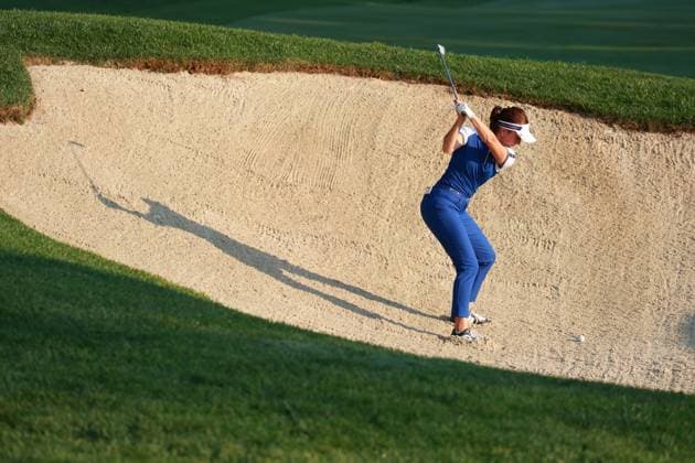 GAINESVILLE, VA - SEPTEMBER 14: Team Europe golfer Georgia Hall hits out of a fairway bunker on the 2nd hole during Saturday Foursomes during the 2024 Solheim Cup on September 14, 2024 at Robert Trent Jones Golf Club at Gainesville, Virginia. (Photo by Brian Spurlock Icon Sportswire) GOLF: SEP 14 Solheim Cup EDITORIAL USE ONLY Icon24091452