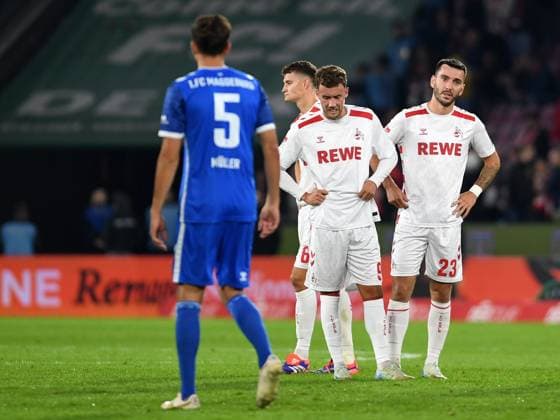 14 09 2024, Cologne, Germany, RheinEnergieStadion, 1 FC Köln vs 1 FC Magdeburg 2 Bundesliga, Eric Martel 1 FC Koeln , Luca Waldschmidt 1 FC Koeln und Sargis Adamyan 1 FC Koeln enttaeuscht Foto Ralf Treese DFB DFL REGULATIONS PROHIBIT ANY USE OF PHOTOGRAPHS AS IMAGE SEQUENCES AND OR QUASI VIDEO Cologne RheinEnergieStadion North Rhine Westphalia Germany 521_KOEFCM20240914_027 Treese-521