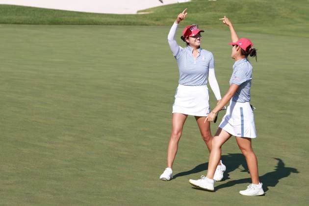 GAINESVILLE, VA - SEPTEMBER 14: Team USA golfers Rose Zhang and Andrea Lee react to winning the match on the 14th hole during Saturday Four-Ball during the 2024 Solheim Cup on September 14, 2024 at Robert Trent Jones Golf Club at Gainesville, Virginia. (Photo by Brian Spurlock Icon Sportswire) GOLF: SEP 14 Solheim Cup EDITORIAL USE ONLY Icon24091471