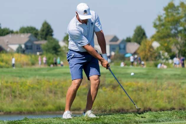 BOLINGBROOK, IL - SEPTEMBER 14: Bryson DeChambeau of the Crushers GC chips the ball on the rough of the third green during day two of LIV Golf: Chicago at Bolingbrook Golf Club on September 14, 2024 in Bolingbrook, Illinois. (Photo by Ben Hsu Icon Sportswire) GOLF: SEP 14 LIV Golf League Chicago EDITORIAL USE ONLY Icon2242409140122