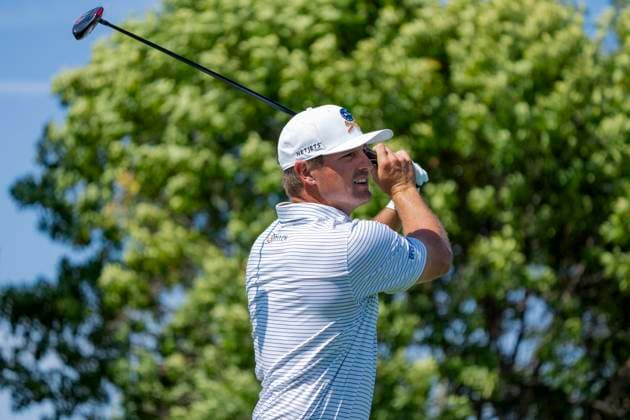 BOLINGBROOK, IL - SEPTEMBER 14: Bryson DeChambeau of the Crushers GC plays his shot from the eighth tee during day two of LIV Golf: Chicago at Bolingbrook Golf Club on September 14, 2024 in Bolingbrook, Illinois. (Photo by Ben Hsu Icon Sportswire) GOLF: SEP 14 LIV Golf League Chicago EDITORIAL USE ONLY Icon2242409140292
