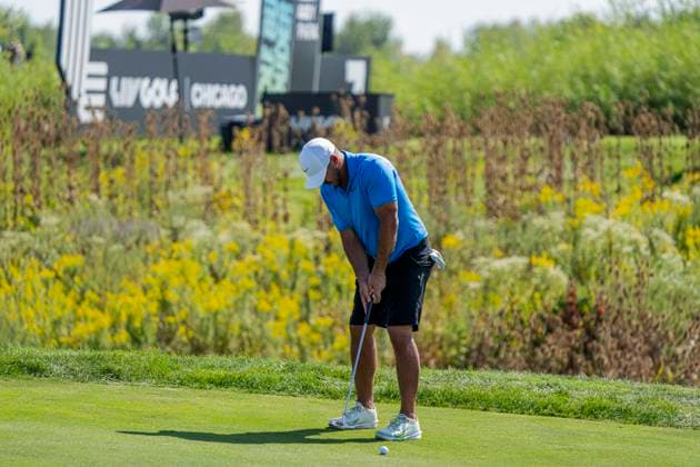 BOLINGBROOK, IL - SEPTEMBER 14: Bryson DeChambeau of the Crushers GC putts on the eighth green during day two of LIV Golf: Chicago at Bolingbrook Golf Club on September 14, 2024 in Bolingbrook, Illinois. (Photo by Ben Hsu Icon Sportswire) GOLF: SEP 14 LIV Golf League Chicago EDITORIAL USE ONLY Icon2242409140392