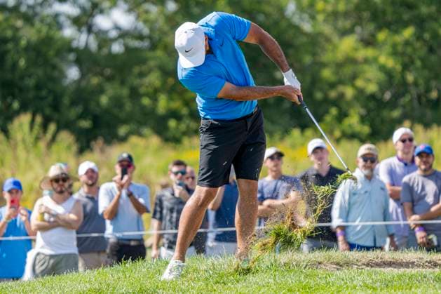 BOLINGBROOK, IL - SEPTEMBER 14: Bryson DeChambeau of the Crushers GC chips the ball on the rough of the ninth green during day two of LIV Golf: Chicago at Bolingbrook Golf Club on September 14, 2024 in Bolingbrook, Illinois. (Photo by Ben Hsu Icon Sportswire) GOLF: SEP 14 LIV Golf League Chicago EDITORIAL USE ONLY Icon2242409140432