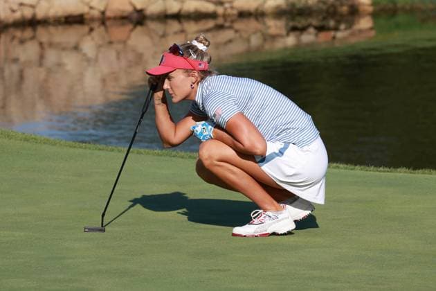 GAINESVILLE, VA - SEPTEMBER 14: Team USA golfer Lexi Thompson lines up a putt on the 14th hole during Saturday Four-Ball during the 2024 Solheim Cup on September 14, 2024 at Robert Trent Jones Golf Club at Gainesville, Virginia. (Photo by Brian Spurlock Icon Sportswire) GOLF: SEP 14 Solheim Cup EDITORIAL USE ONLY Icon24091483