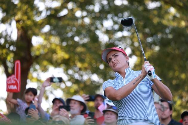 GAINESVILLE, VA - SEPTEMBER 14: Team USA golfer Lexi Thompson plays her tee shot on the 15th hole during Saturday Four-Ball during the 2024 Solheim Cup on September 14, 2024 at Robert Trent Jones Golf Club at Gainesville, Virginia. (Photo by Brian Spurlock Icon Sportswire) GOLF: SEP 14 Solheim Cup EDITORIAL USE ONLY Icon24091485