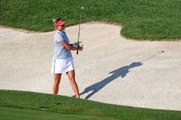 GAINESVILLE, VA - SEPTEMBER 14: Team USA golfer Lexi Thompson hits out of a fairway bunker on the 15th hole during Saturday Four-Ball during the 2024 Solheim Cup on September 14, 2024 at Robert Trent Jones Golf Club at Gainesville, Virginia. (Photo by Brian Spurlock Icon Sportswire) GOLF: SEP 14 Solheim Cup EDITORIAL USE ONLY Icon24091487