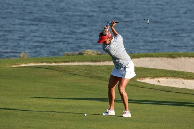 GAINESVILLE, VA - SEPTEMBER 14: Team USA golfer Lexi Thompson plays her second shot on the 17th hole during Saturday Four-Ball during the 2024 Solheim Cup on September 14, 2024 at Robert Trent Jones Golf Club at Gainesville, Virginia. (Photo by Brian Spurlock Icon Sportswire) GOLF: SEP 14 Solheim Cup EDITORIAL USE ONLY Icon24091493
