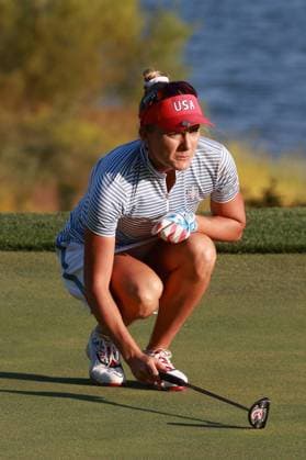GAINESVILLE, VA - SEPTEMBER 14: Team USA golfer Lexi Thompson lines up her putt on the 17th hole during Saturday Four-Ball during the 2024 Solheim Cup on September 14, 2024 at Robert Trent Jones Golf Club at Gainesville, Virginia. (Photo by Brian Spurlock Icon Sportswire) GOLF: SEP 14 Solheim Cup EDITORIAL USE ONLY Icon24091496