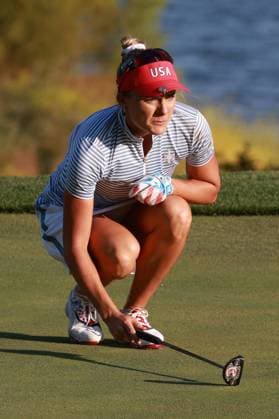 GAINESVILLE, VA - SEPTEMBER 14: Team USA golfer Lexi Thompson lines up her putt on the 17th hole during Saturday Four-Ball during the 2024 Solheim Cup on September 14, 2024 at Robert Trent Jones Golf Club at Gainesville, Virginia. (Photo by Brian Spurlock Icon Sportswire) GOLF: SEP 14 Solheim Cup EDITORIAL USE ONLY Icon24091497
