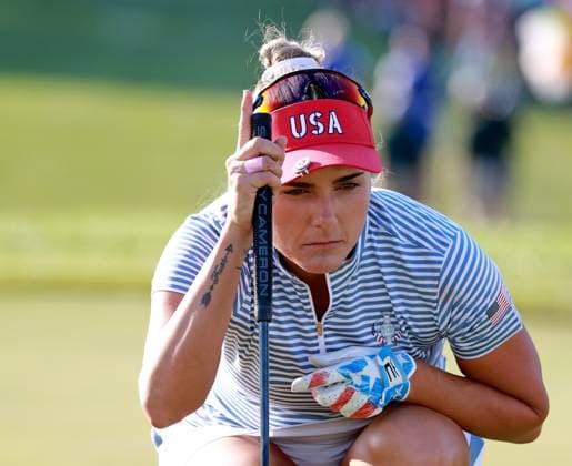GAINESVILLE, VA - SEPTEMBER 14: Team USA golfer Lexi Thompson lines up her putt on the 16th hole during Saturday Four-Ball during the 2024 Solheim Cup on September 14, 2024 at Robert Trent Jones Golf Club at Gainesville, Virginia. (Photo by Brian Spurlock Icon Sportswire) GOLF: SEP 14 Solheim Cup EDITORIAL USE ONLY Icon24091498